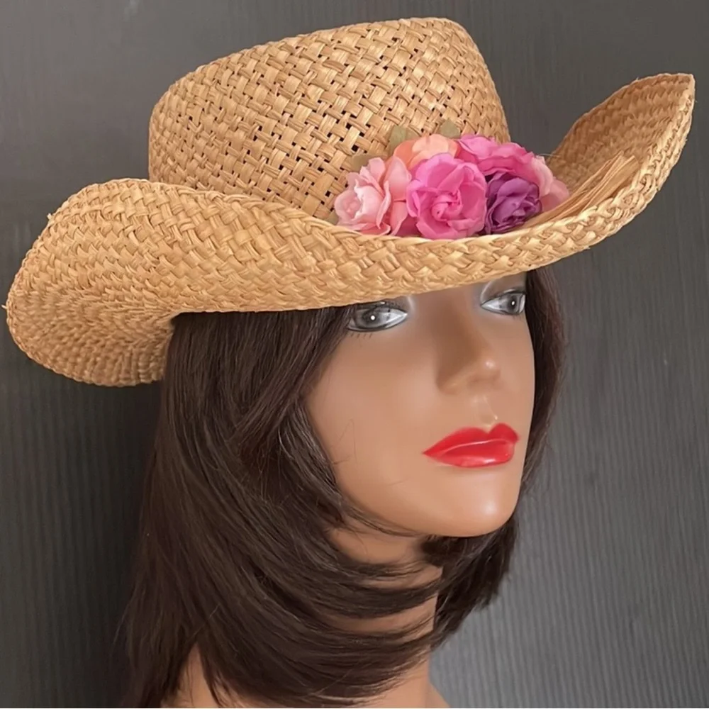 Natural Straw Western Brim Hat with Flowers